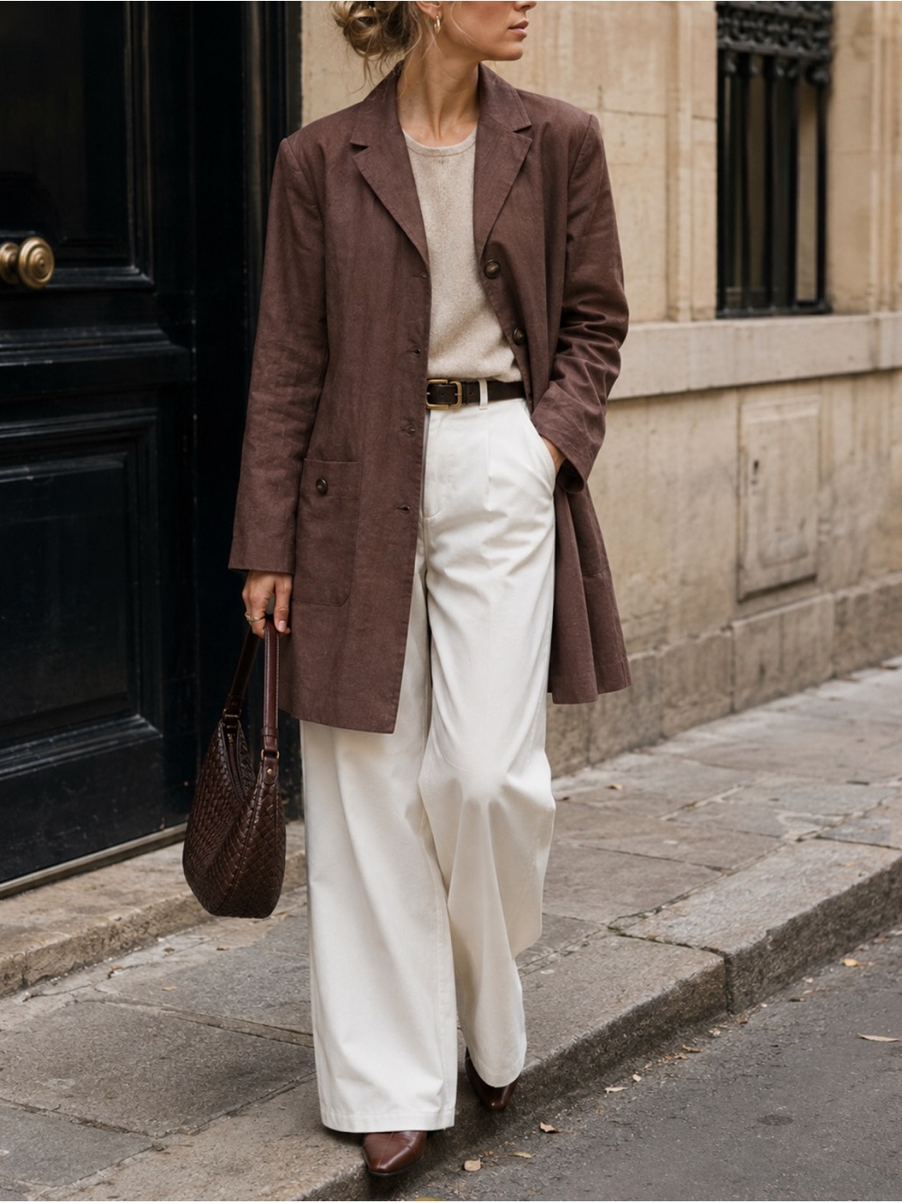 Vintage 100% Linen Brown Oversized Blazer Mini Trench Style Coat Size: 10